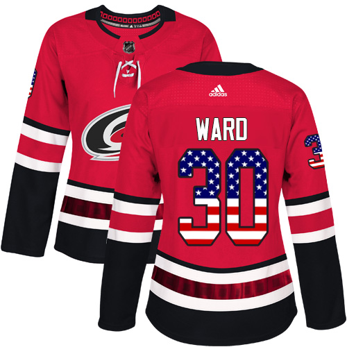 Adidas Hurricanes #30 Cam Ward Red Home Authentic USA Flag Women's Stitched NHL Jersey
